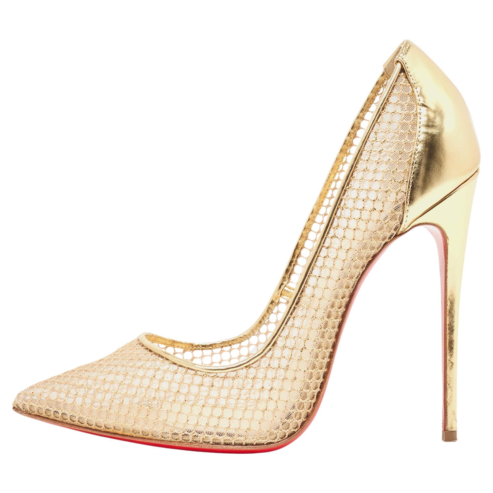 Christian Louboutin Gold Leather and Mesh Follies Resille Pumps Size 39
