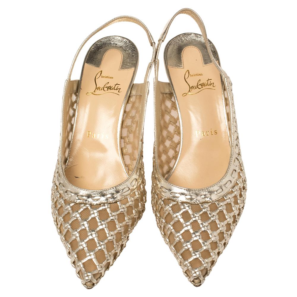 Christian Louboutin Gold Leather and Mesh Miluna Slingback Sandals Size 37 In Good Condition In Dubai, Al Qouz 2