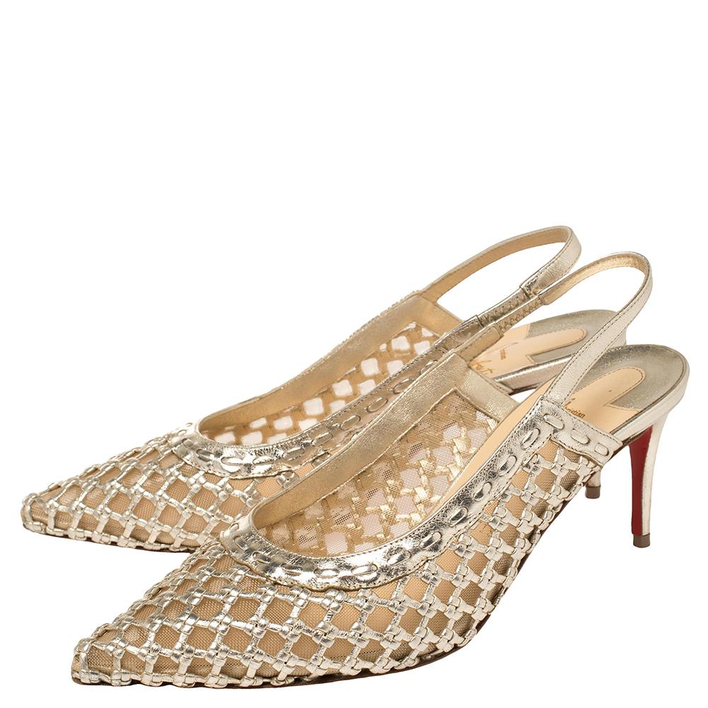 Women's Christian Louboutin Gold Leather and Mesh Miluna Slingback Sandals Size 37