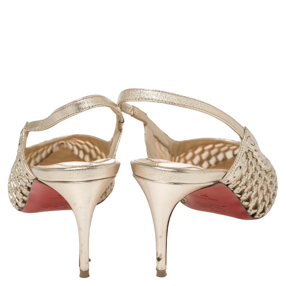 Christian Louboutin Gold Leather and Mesh Miluna Slingback Sandals Size 37 1