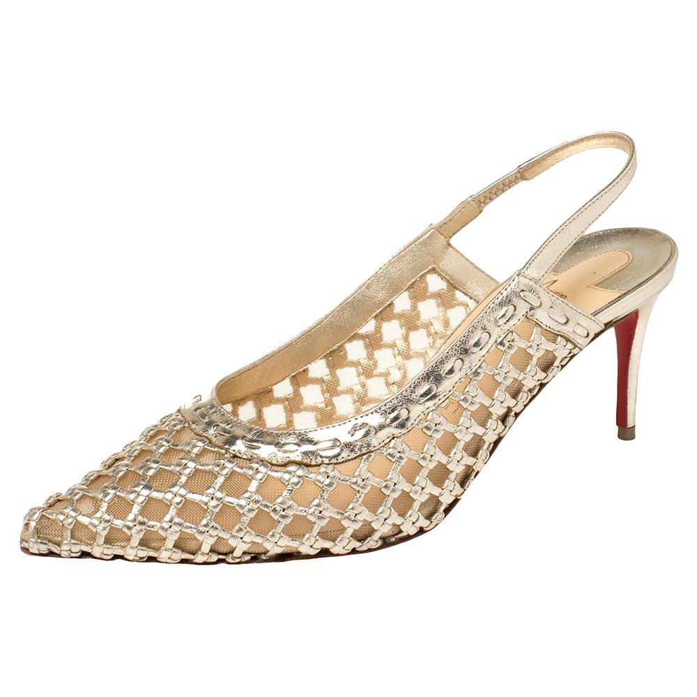 Christian Louboutin Gold Leather and Mesh Miluna Slingback Sandals Size 37