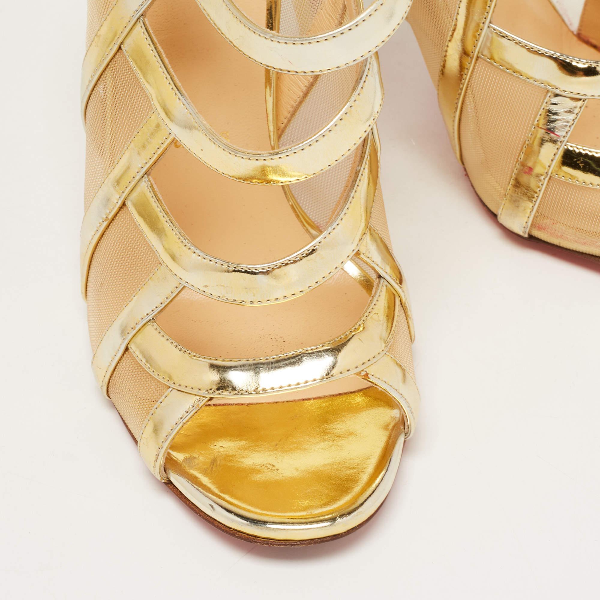 Christian Louboutin Gold Leather and Mesh Nicole K Sandals Size 38 For Sale 2
