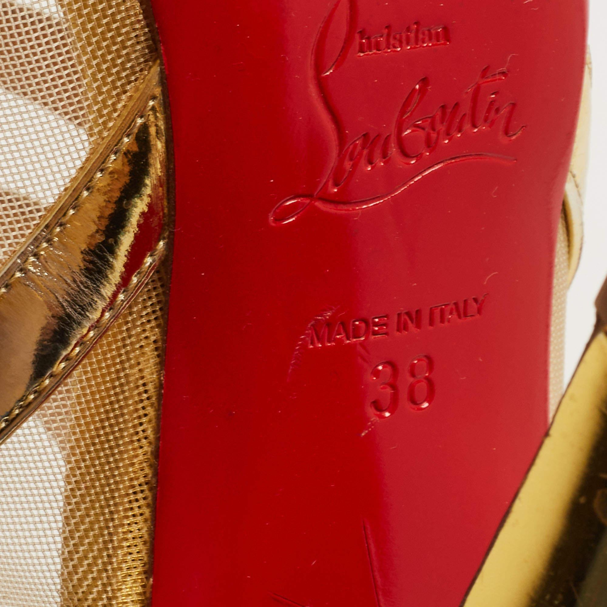 Christian Louboutin Gold Leather and Mesh Nicole K Sandals Size 38 For Sale 3