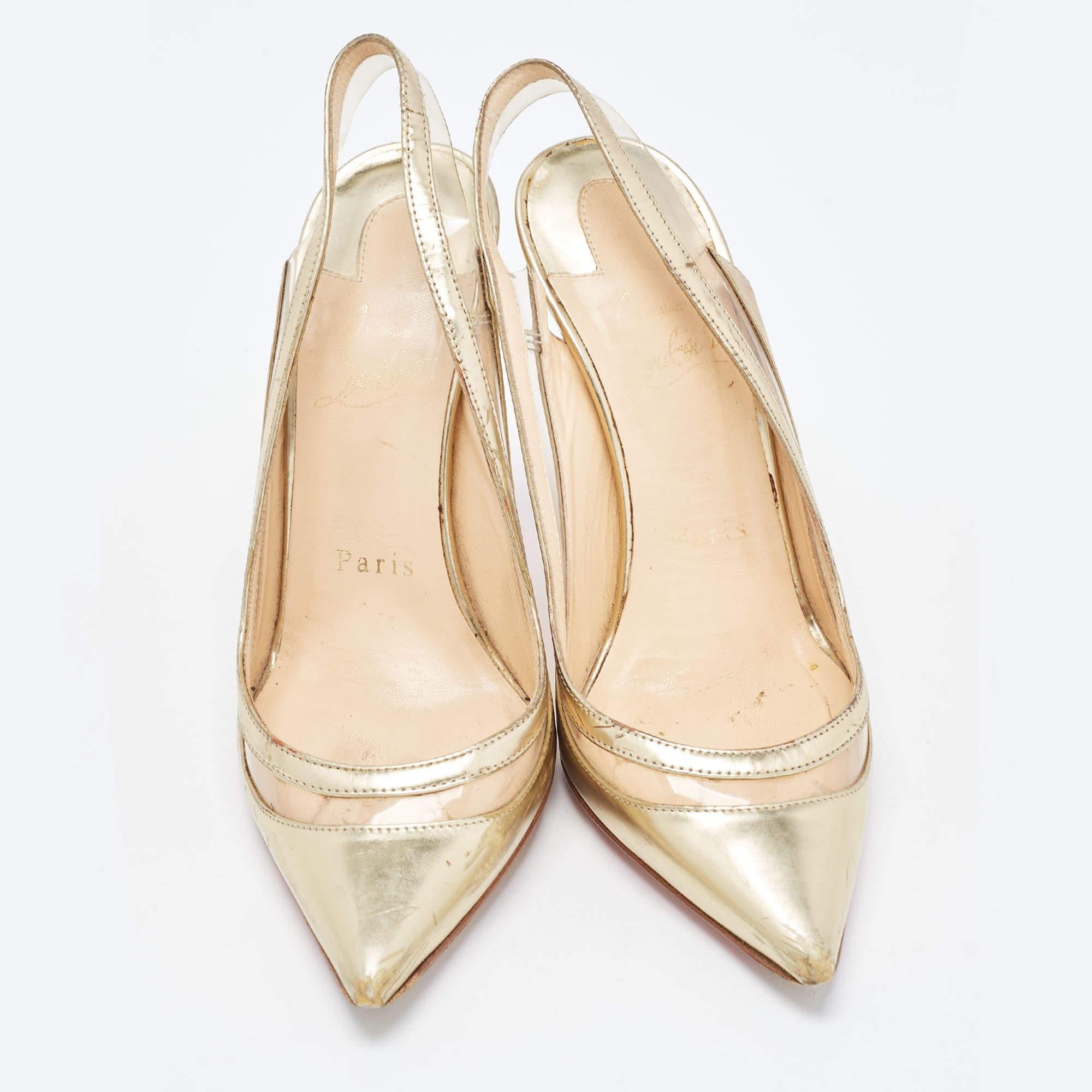 Christian Louboutin Gold Leather and PVC Paulina Slingback Pumps Size 35.5 In Fair Condition In Dubai, Al Qouz 2