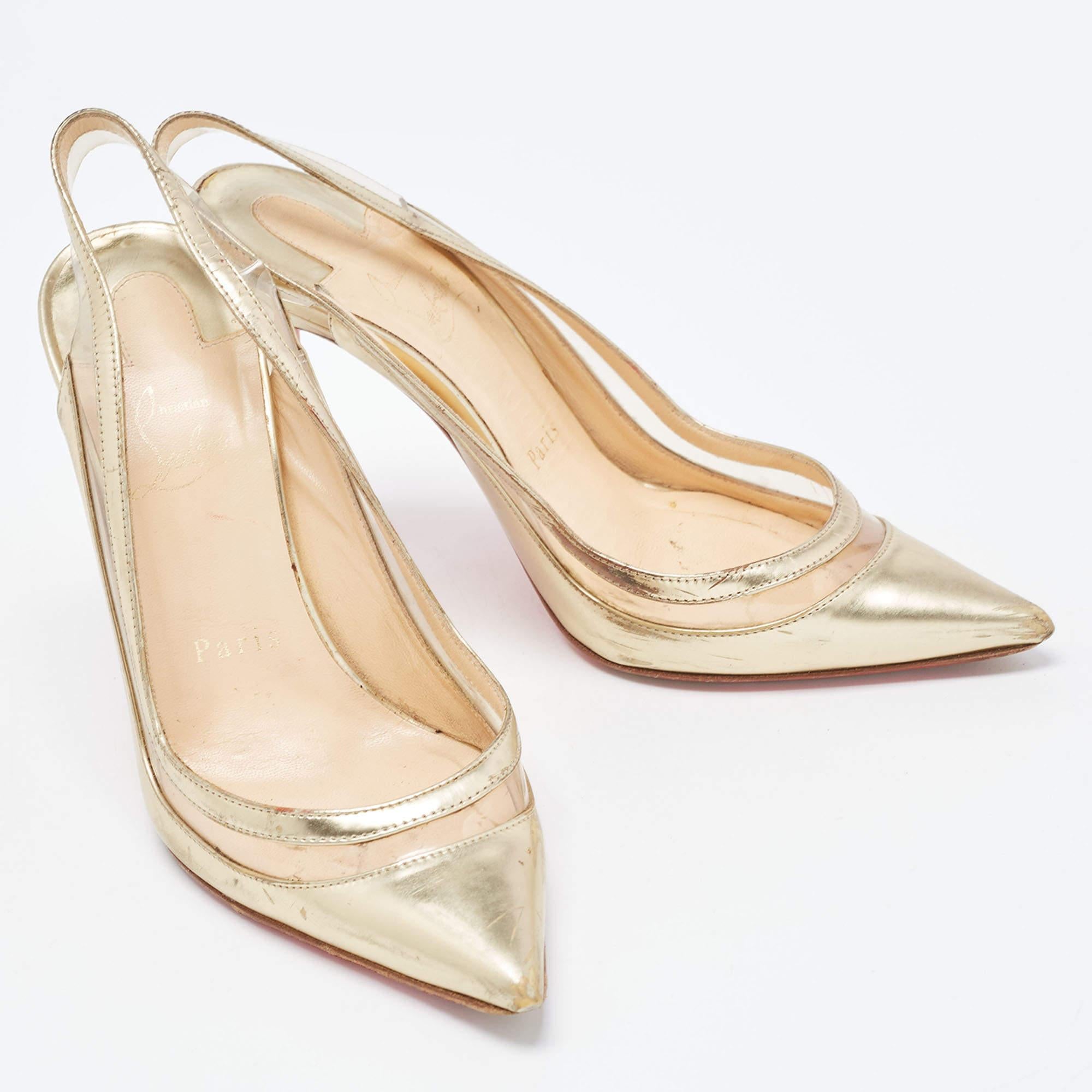 Women's Christian Louboutin Gold Leather and PVC Paulina Slingback Pumps Size 35.5