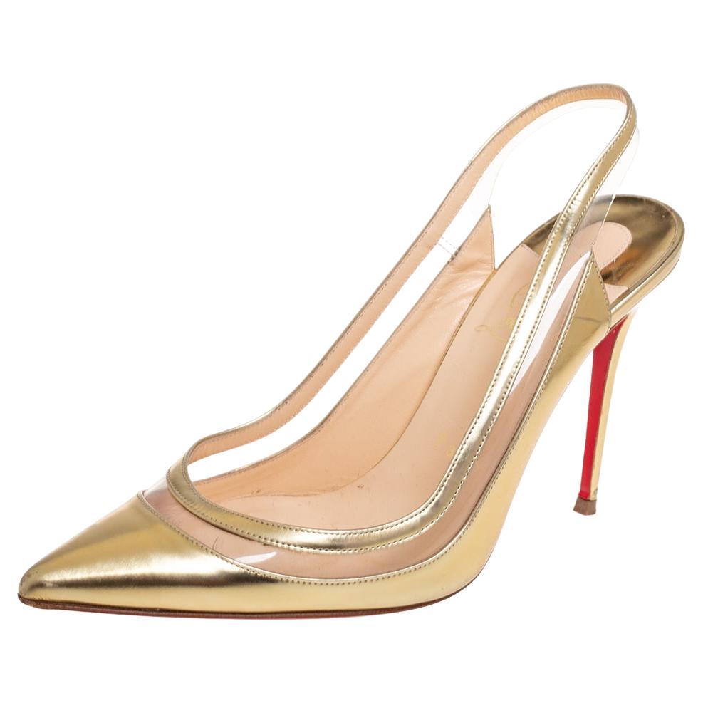 CHRISTIAN LOUBOUTIN gold glitter pointed toe half dorsay mid heel pumps