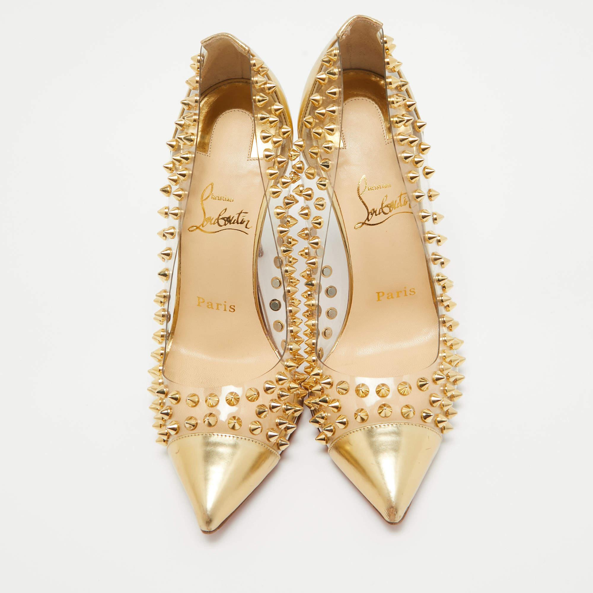 Christian Louboutin Gold Leather and PVC Spike Me Pumps Size 37 In Fair Condition In Dubai, Al Qouz 2