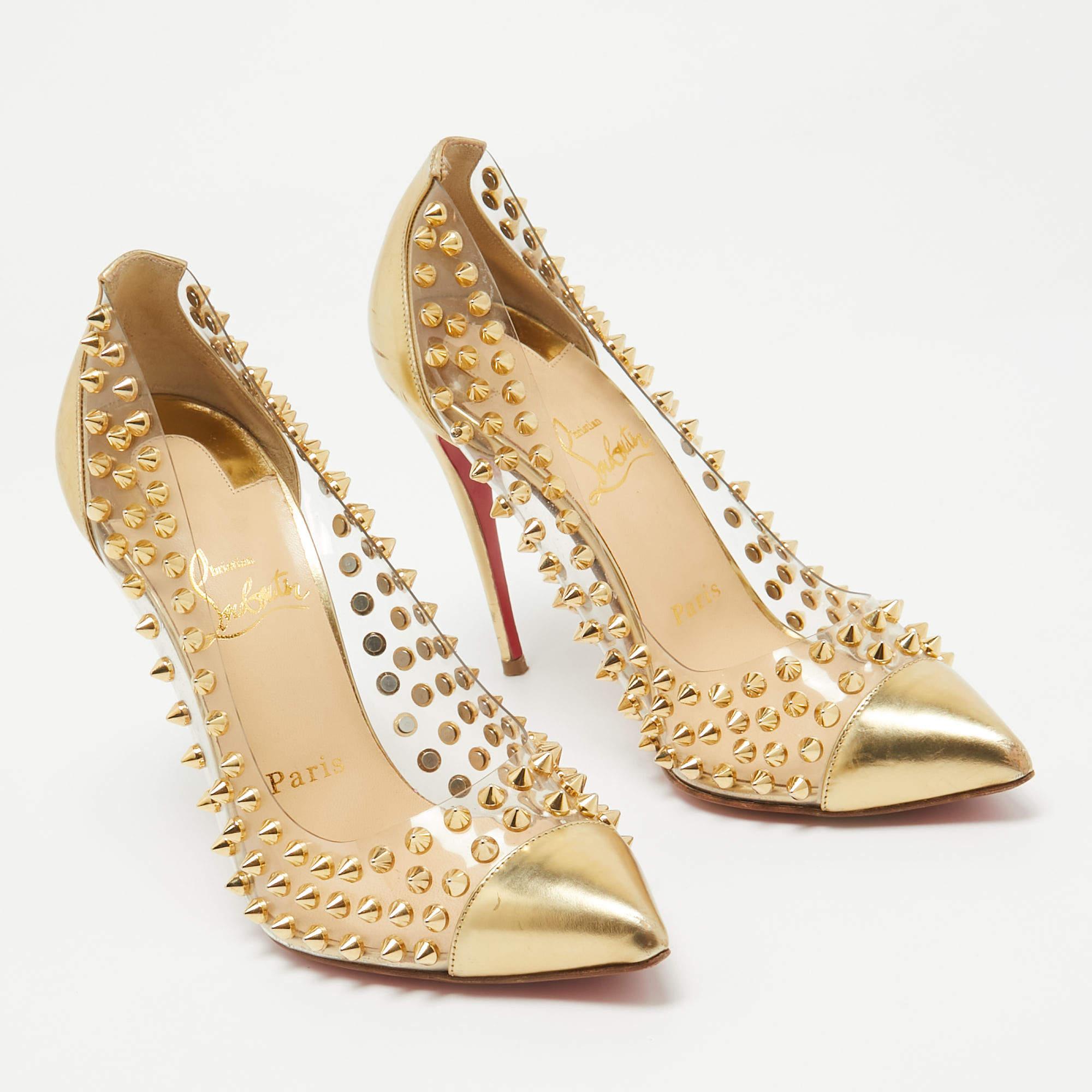 Women's Christian Louboutin Gold Leather and PVC Spike Me Pumps Size 37
