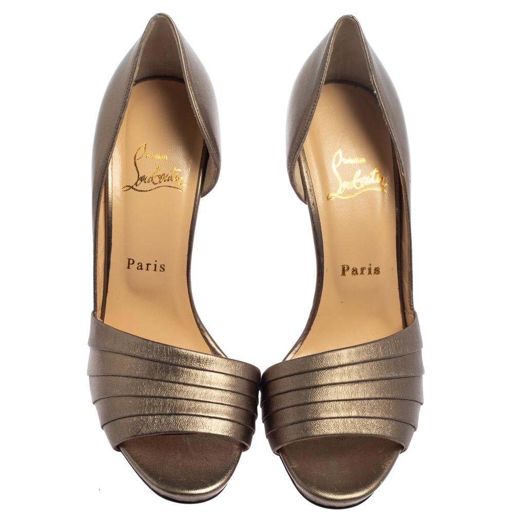 Gray Christian Louboutin Gold Leather Armadillo Peep Toe D'orsay Pumps Size 38.5