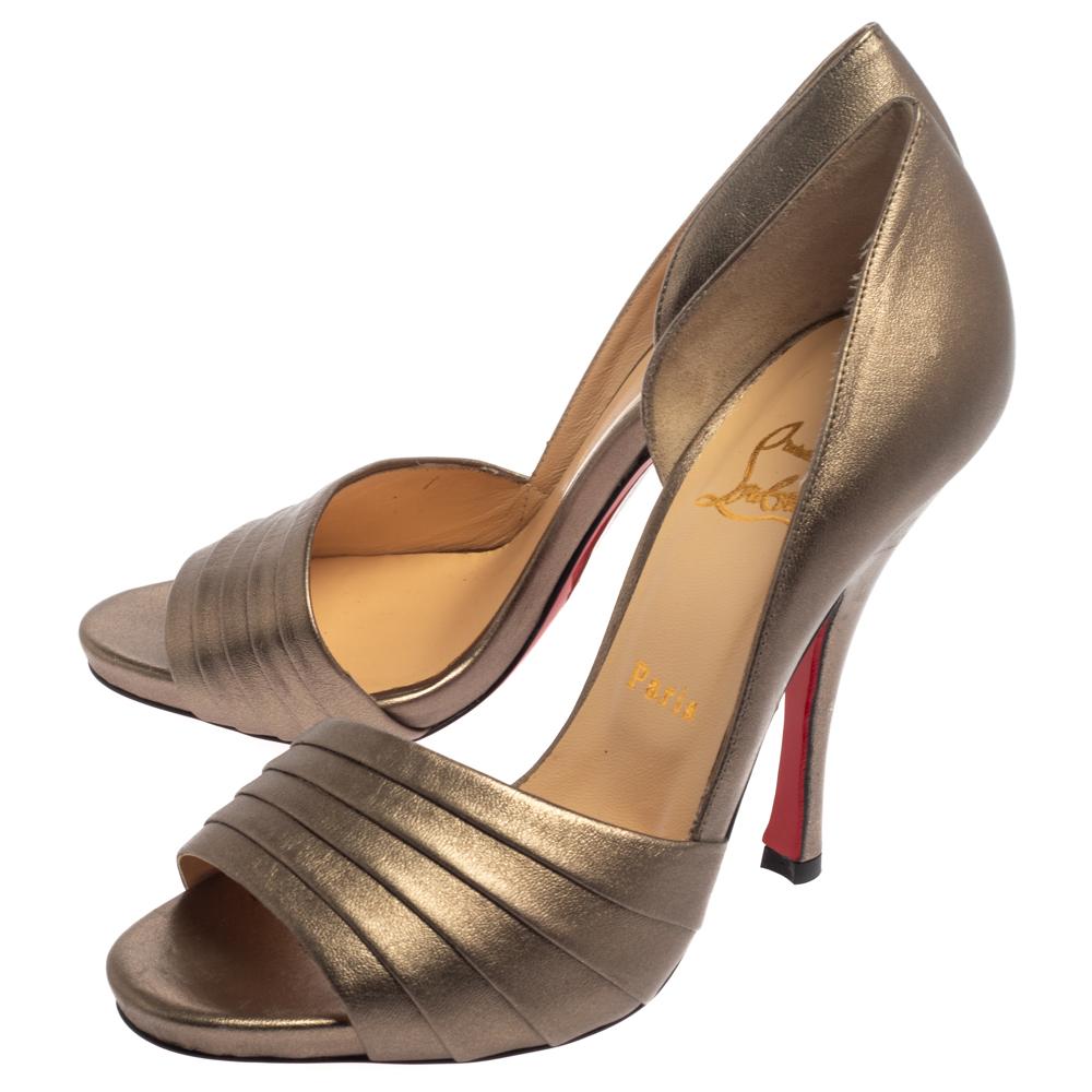 Christian Louboutin Gold Leather Armadillo Peep Toe D'orsay Pumps Size 38.5 In Good Condition In Dubai, Al Qouz 2