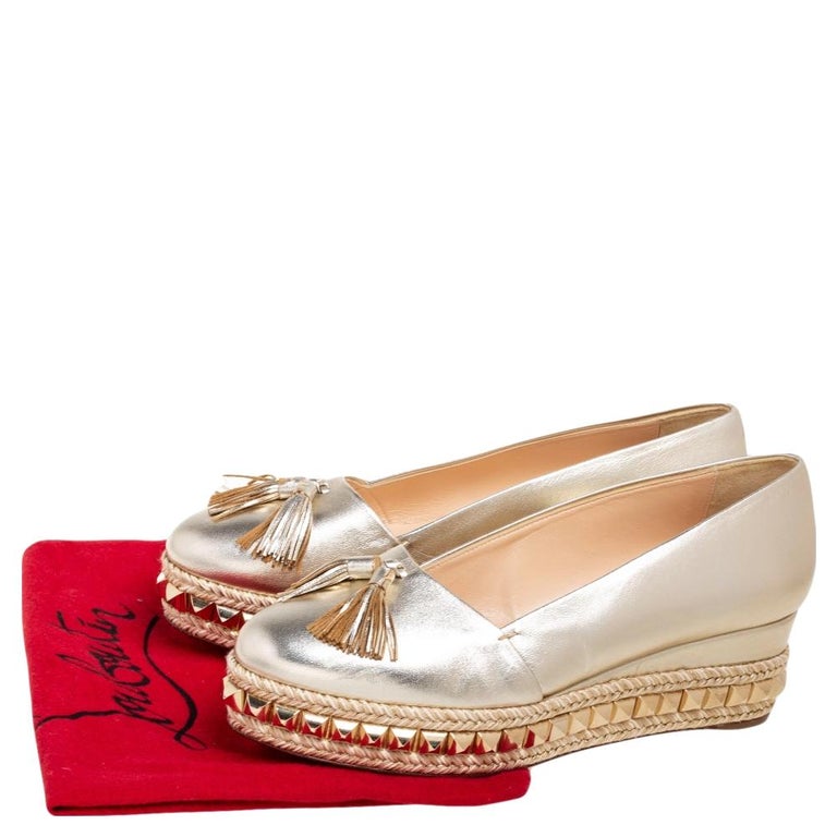 Christian Louboutin Gold Leather Carmel Studded Wedge Espadrilles Size
