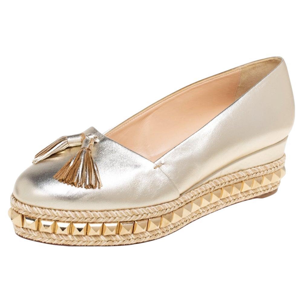Christian Louboutin Gold Leather Carmel Studded Wedge Espadrilles Size 38  at 1stDibs