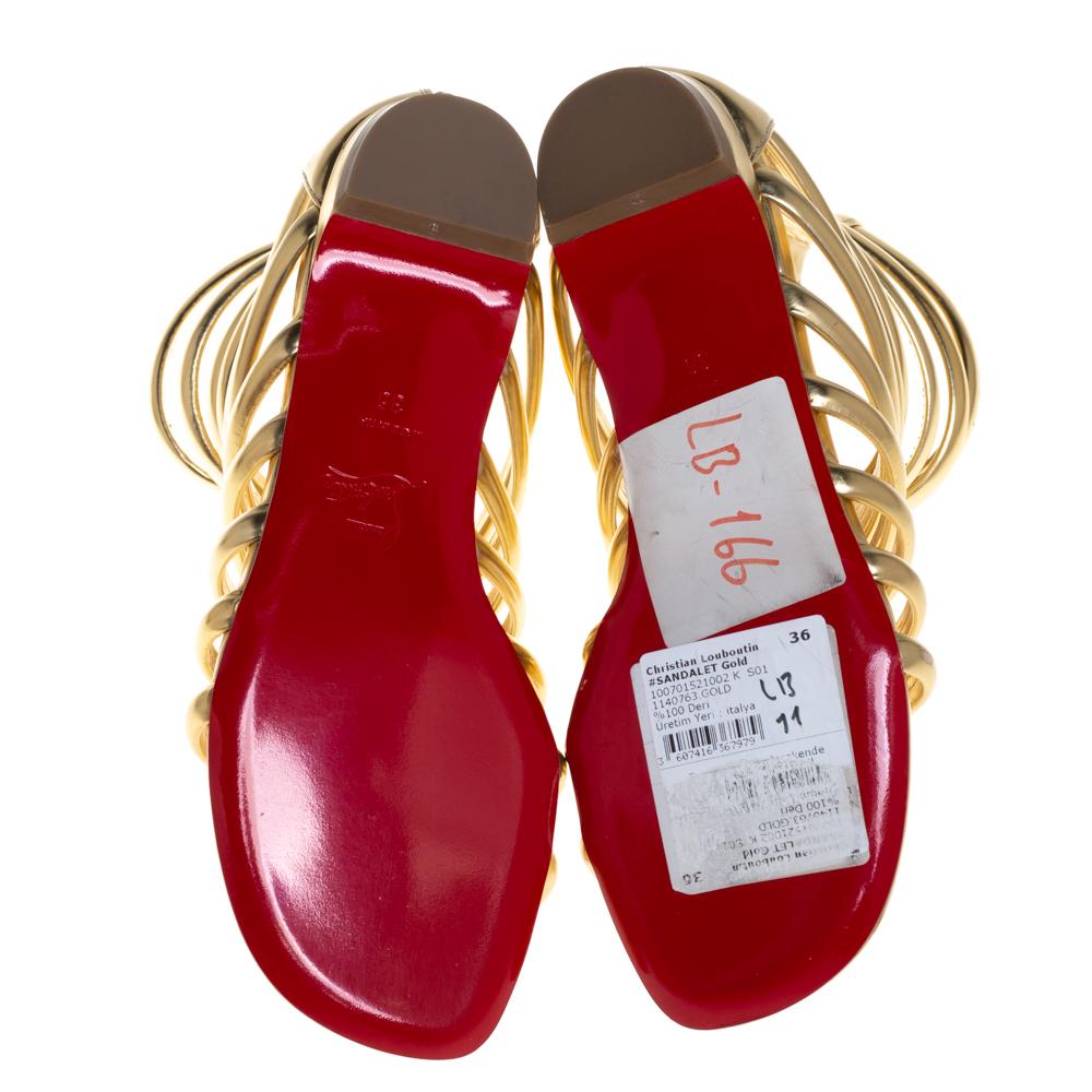 Women's Christian Louboutin Gold Leather Catchetta Gladiator Flat Sandals Size 36