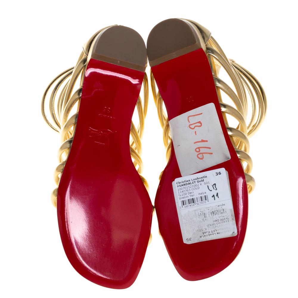 Women's Christian Louboutin Gold Leather Catchetta Gladiator Flat Sandals Size 36