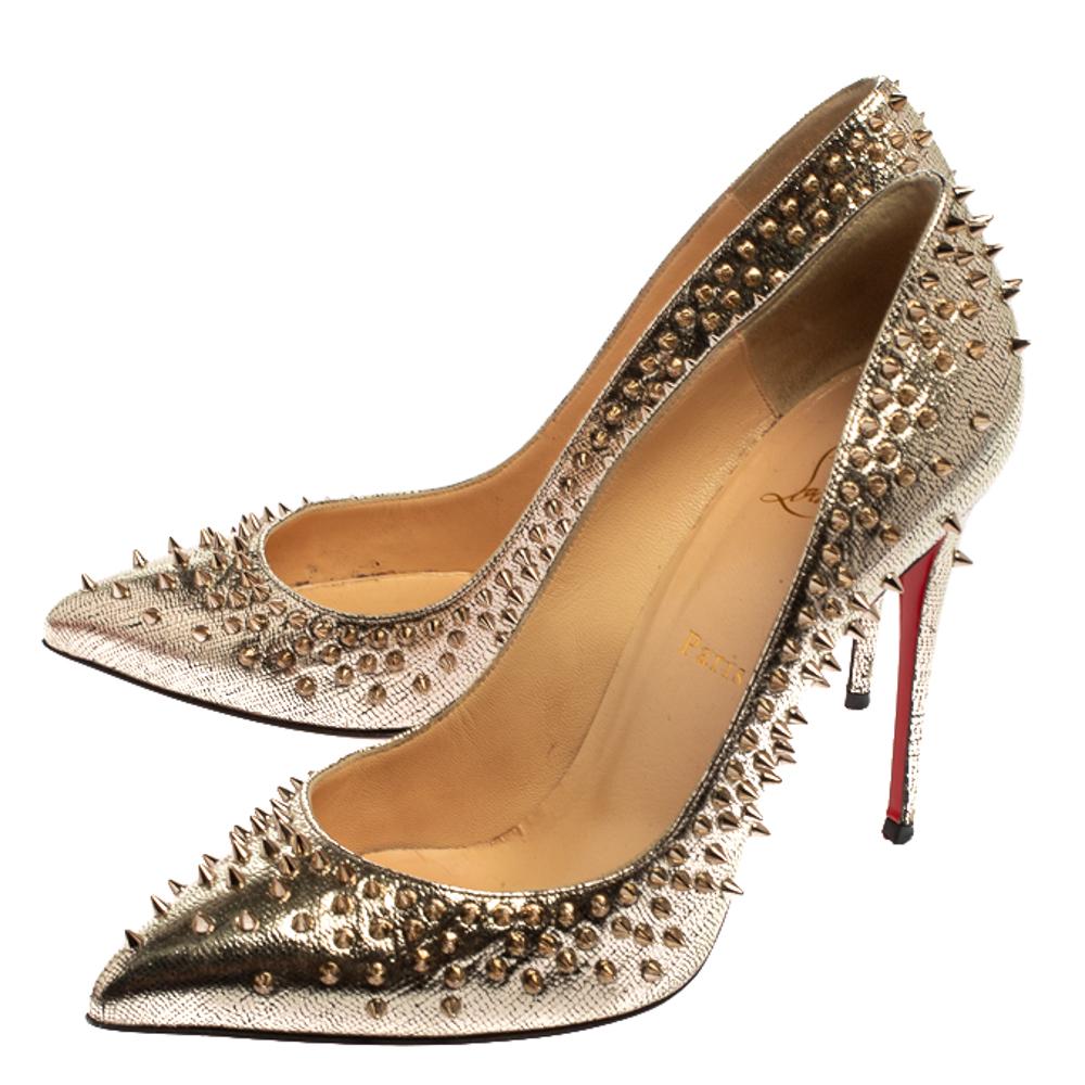 Brown Christian Louboutin Gold Leather Escarpic Spike Pumps Size 39.5