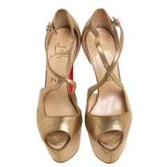 Christian Louboutin Gold Leather Exagona Cross Strap Platform Sandals Size 35