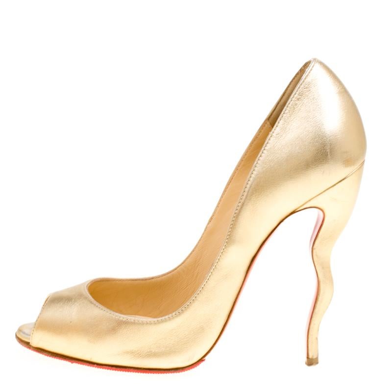 Women's Christian Louboutin Gold Leather Jolly Squiggle Heel Peep Toe Pumps Size 37