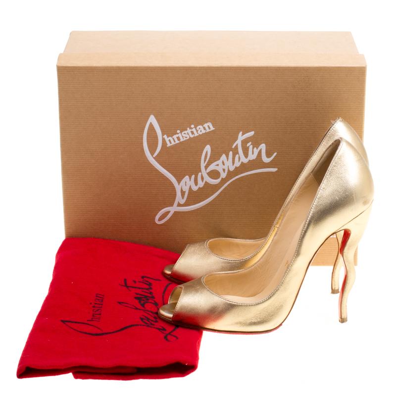 Christian Louboutin Gold Leather Jolly Squiggle Heel Peep Toe Pumps Size 37 2