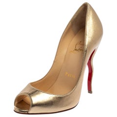 Christian Louboutin Gold Leather Jolly Squiggle Peep Toe Pumps Size 35.5