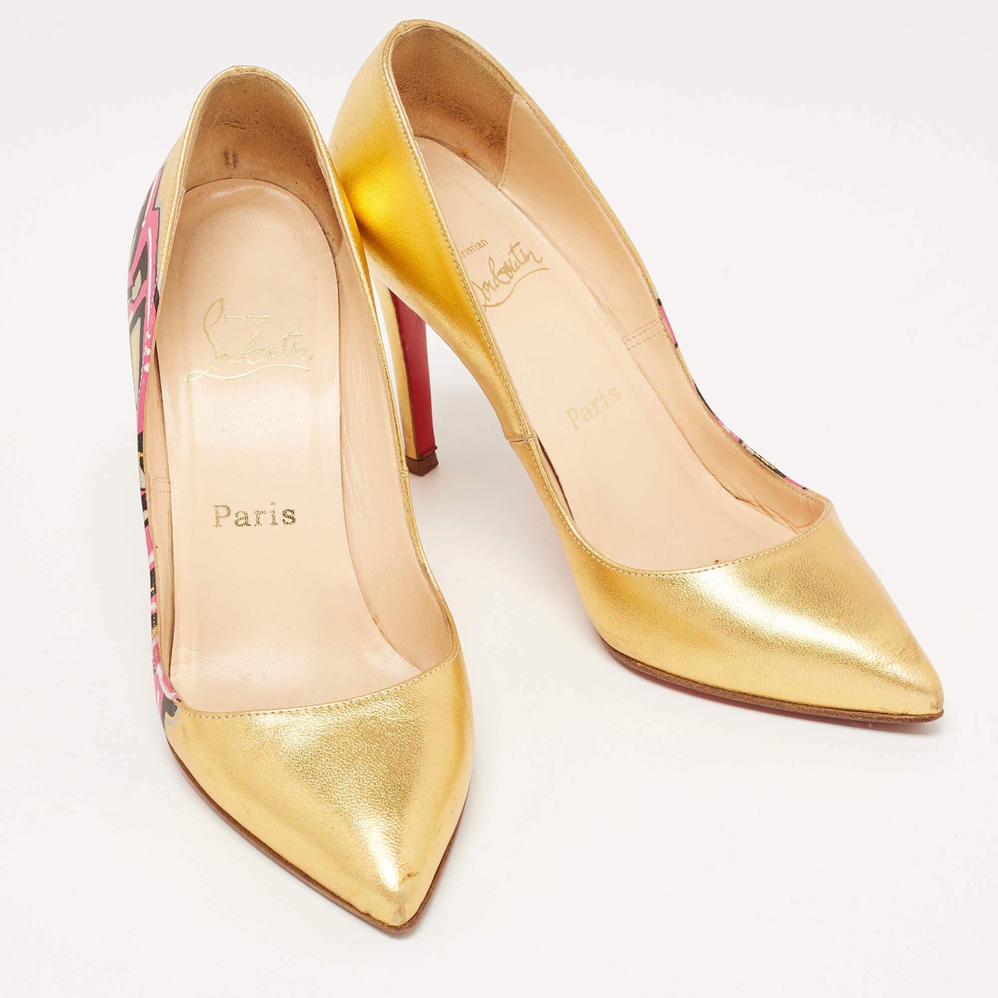 Women's Christian Louboutin Gold Leather Pigalle Graffiti Pumps Size 37.5 For Sale