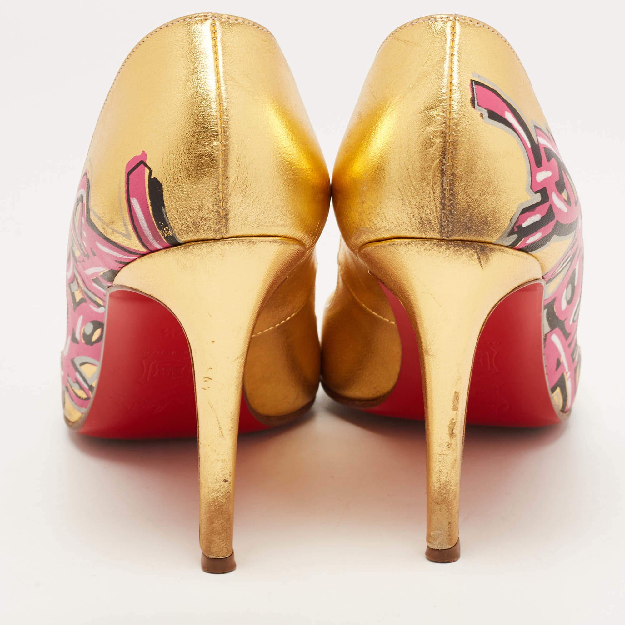 Christian Louboutin Gold Leather Pigalle Graffiti Pumps Size 37.5 For Sale 2