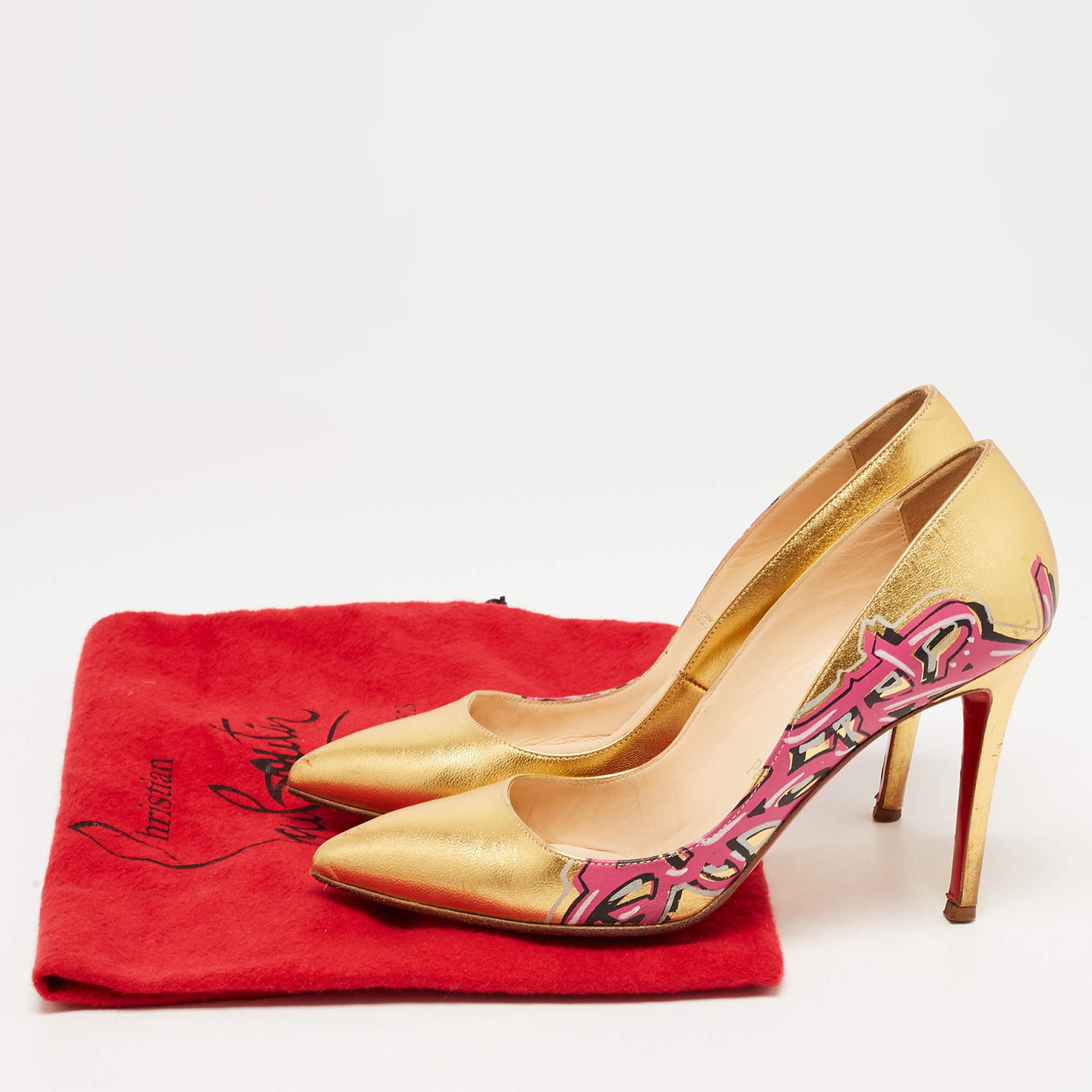 Christian Louboutin Gold Leather Pigalle Graffiti Pumps Size 37.5 For Sale 5