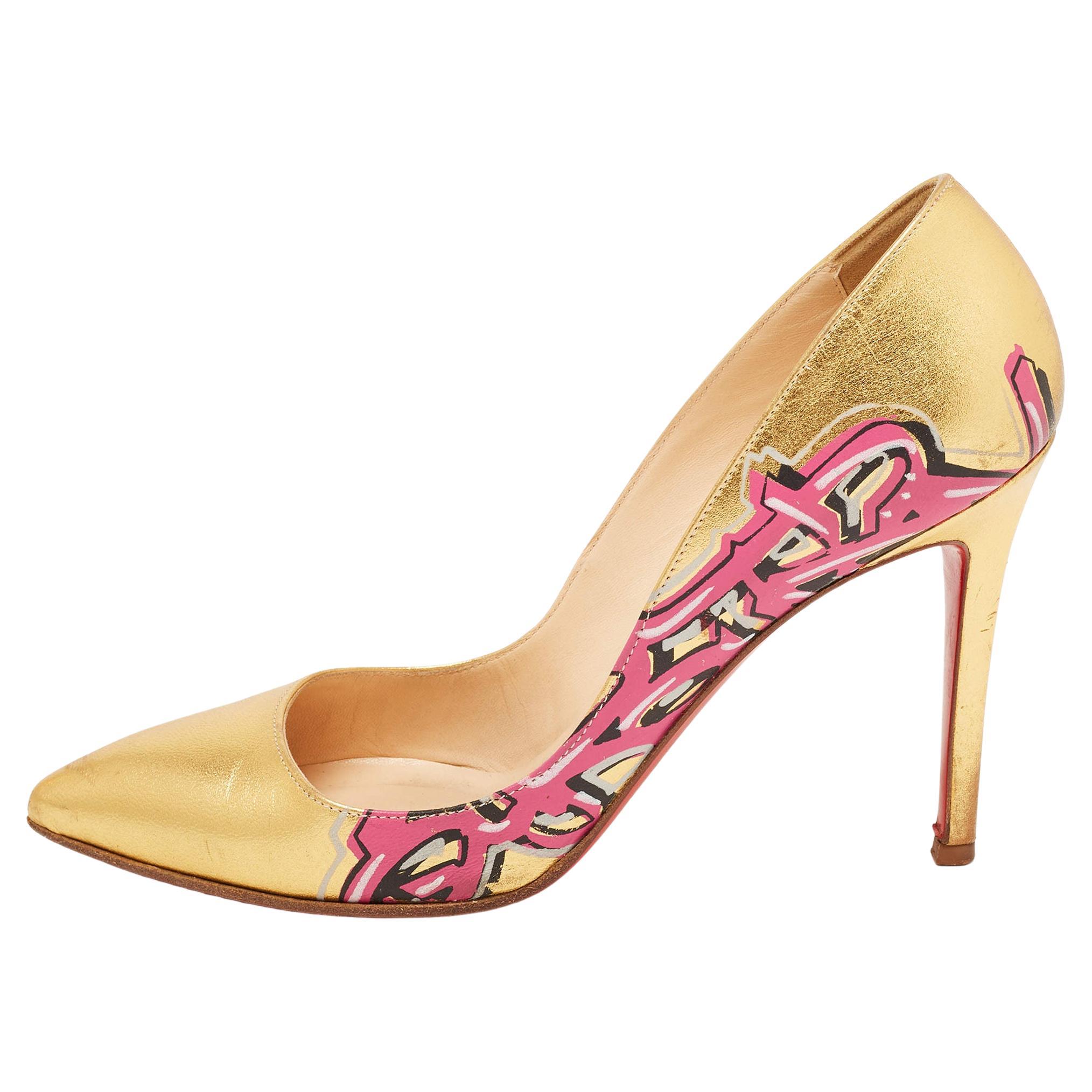 Christian Louboutin Gold Leather Pigalle Graffiti Pumps Size 37.5 For Sale