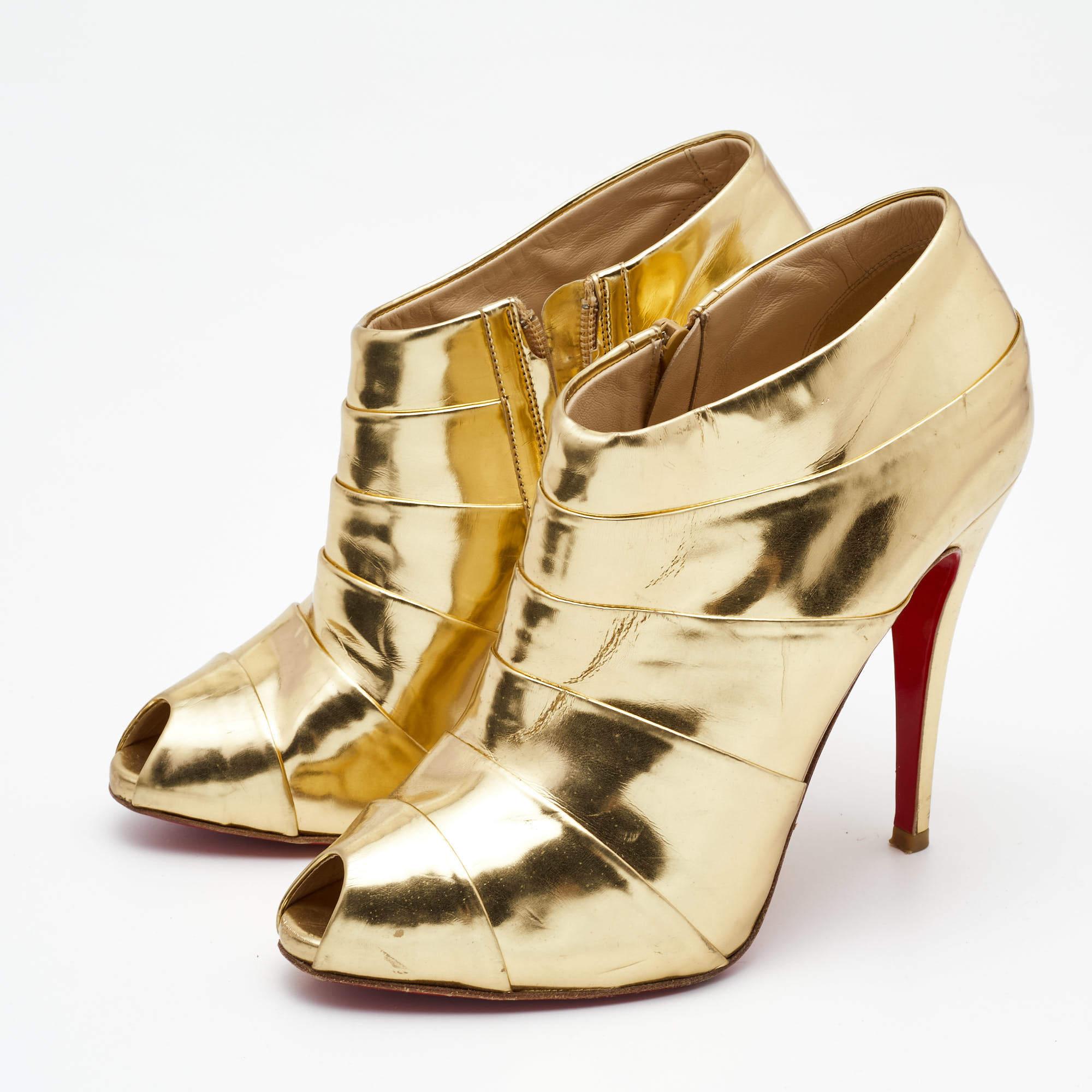 Women's Christian Louboutin Gold Leather Robot Booties Size 39 For Sale