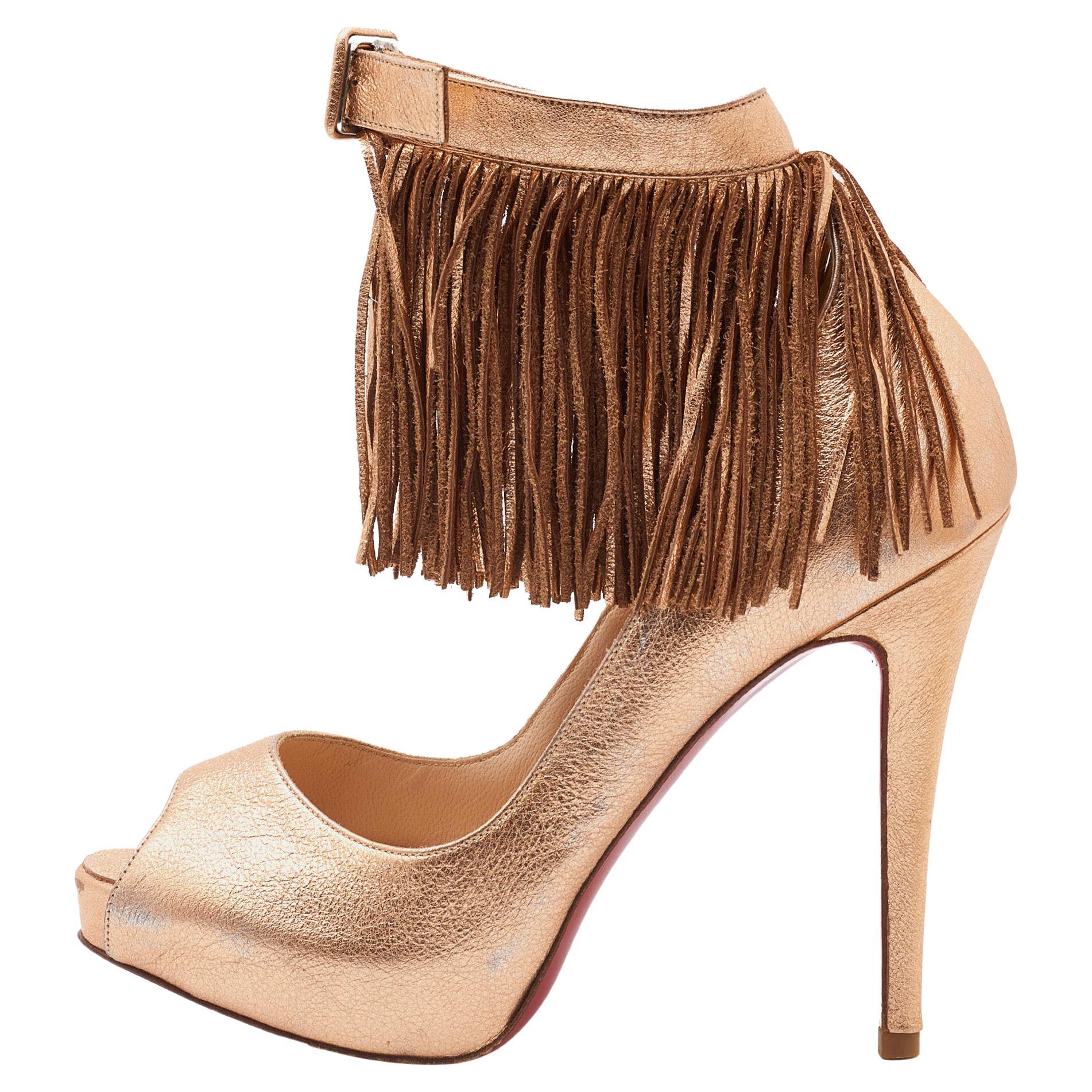 Christian Louboutin Gold Leather Tina Fringe Detail Ankle Strap Pumps Size 37 For Sale