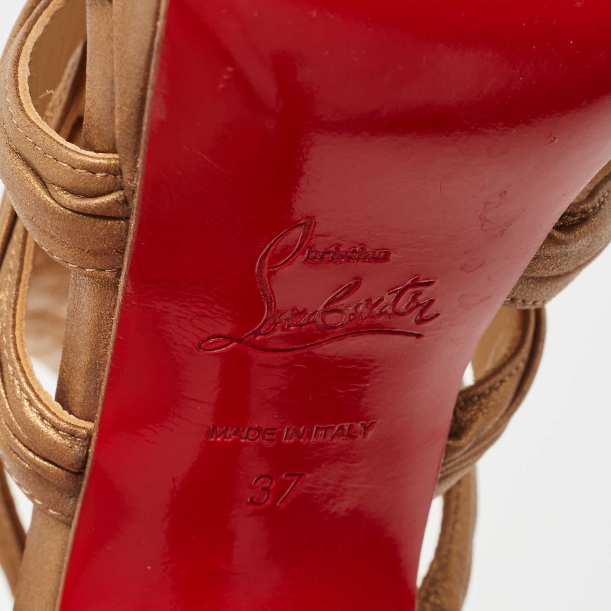Christian Louboutin Gold Leather Tinazata Open Toe Ankle Boots Size 37 For Sale 2
