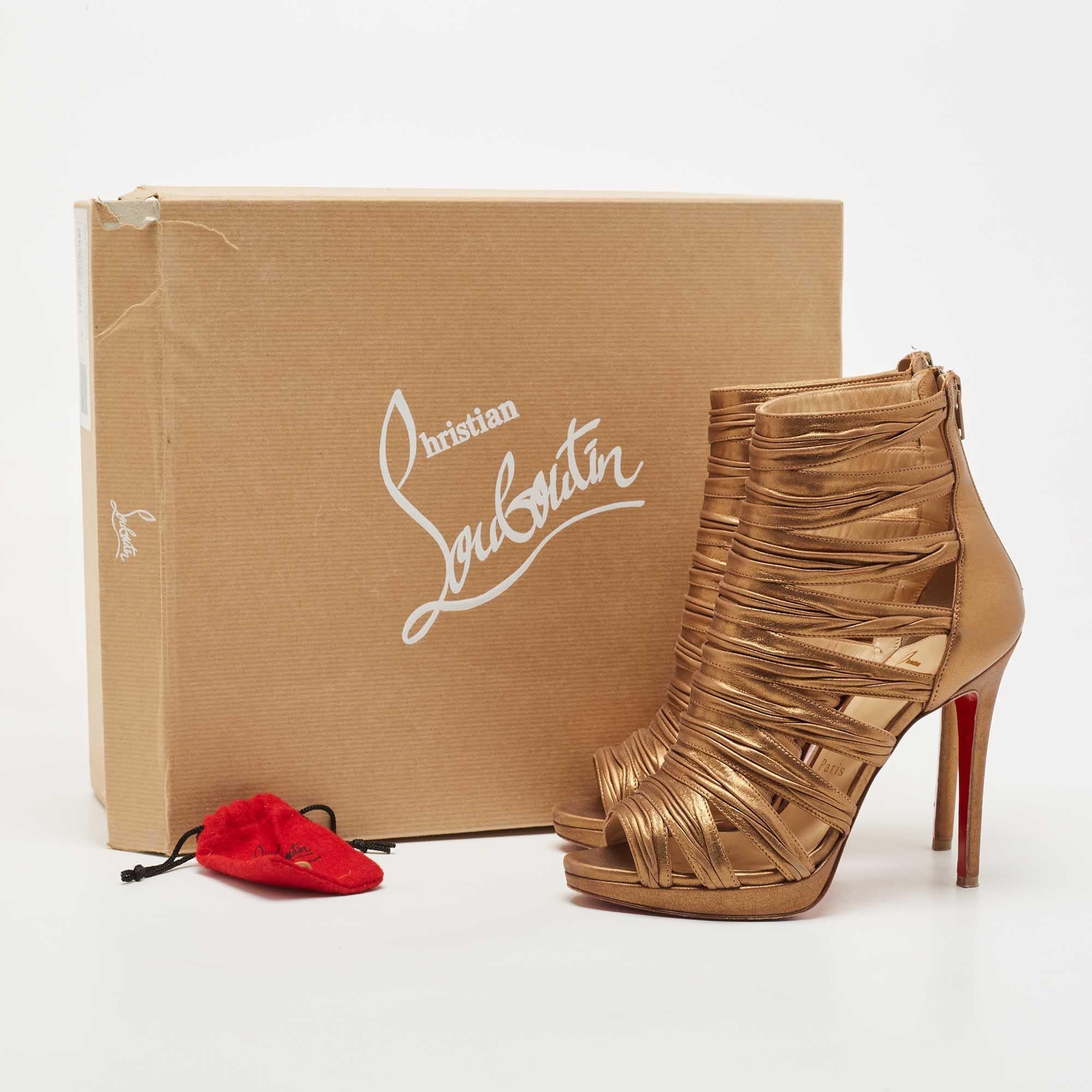 Christian Louboutin Gold Leather Tinazata Open Toe Ankle Boots Size 37 For Sale 3