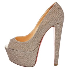 Christian Louboutin Gold Lurex Fabric Lady Peep Toe Spike Platform