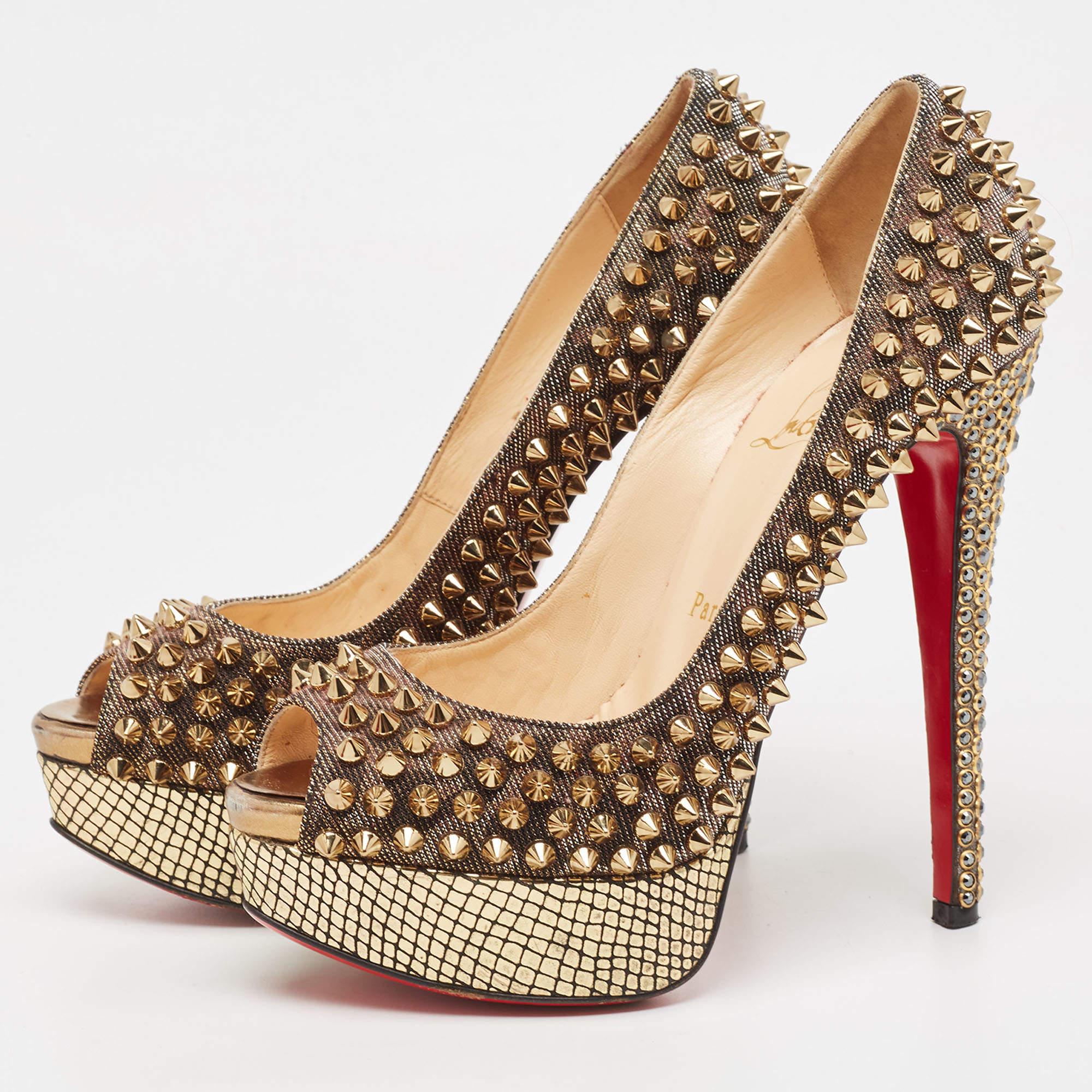 Christian Louboutin Gold Lurex Fabric Lady Peep Spike Pumps Size 35.5 For Sale 1