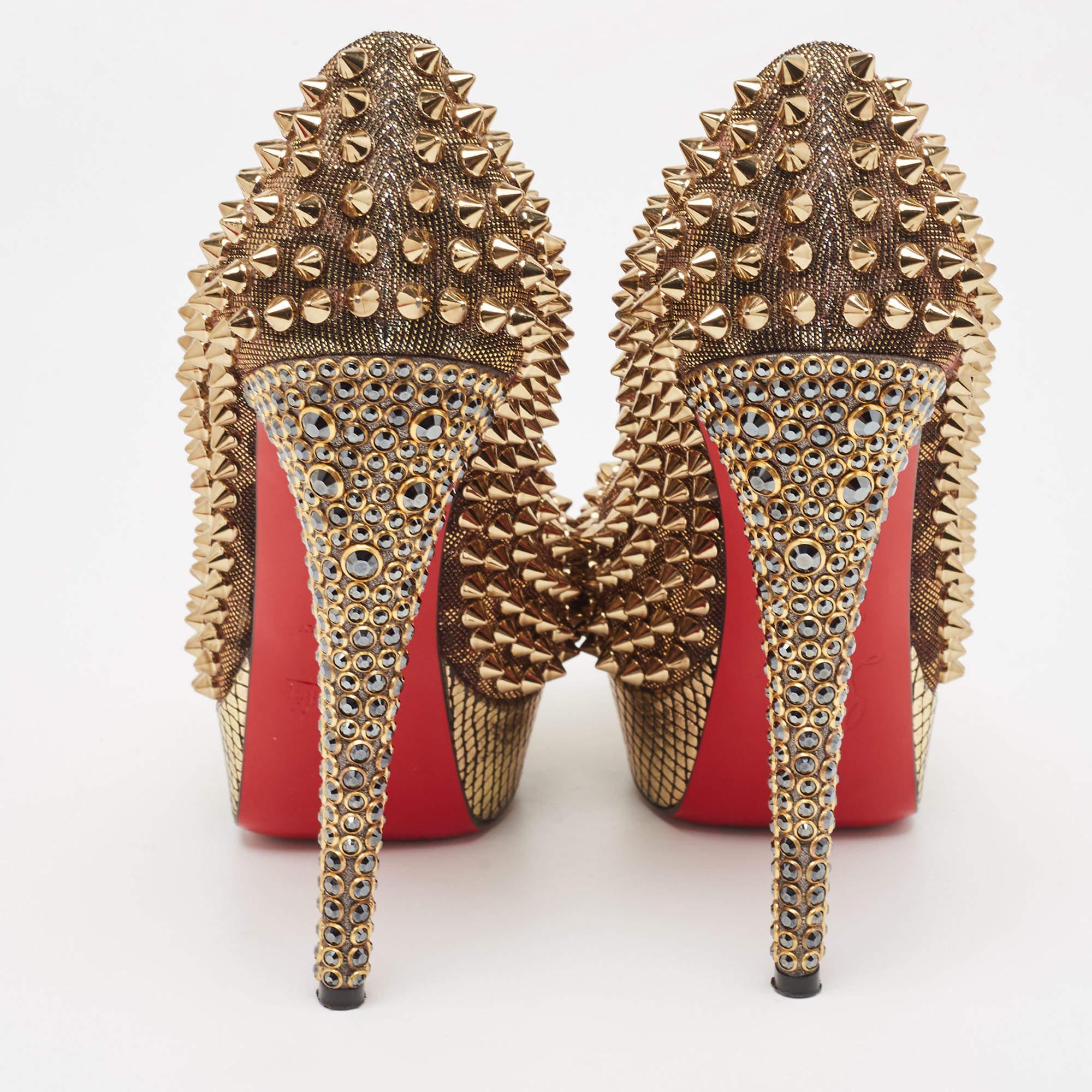Christian Louboutin Gold Lurex Fabric Lady Peep Spike Pumps Size 35.5 For Sale 4