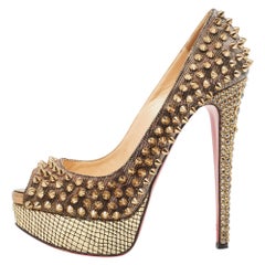 Christian Louboutin Gold Lurex Fabric Lady Peep Spike Pumps Size 35.5