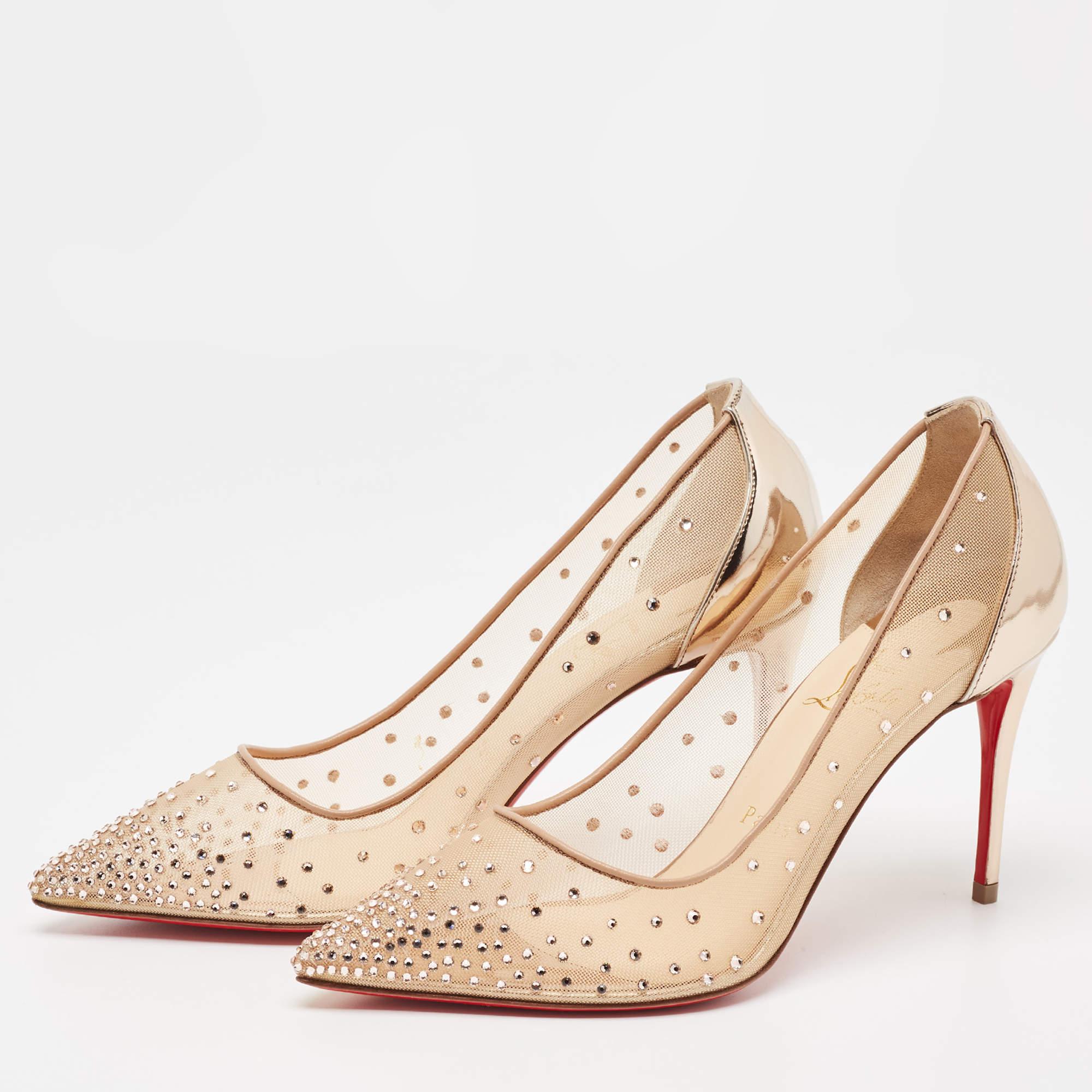 Women's Christian Louboutin Gold Mesh and Leather Follies Pumps Size 38