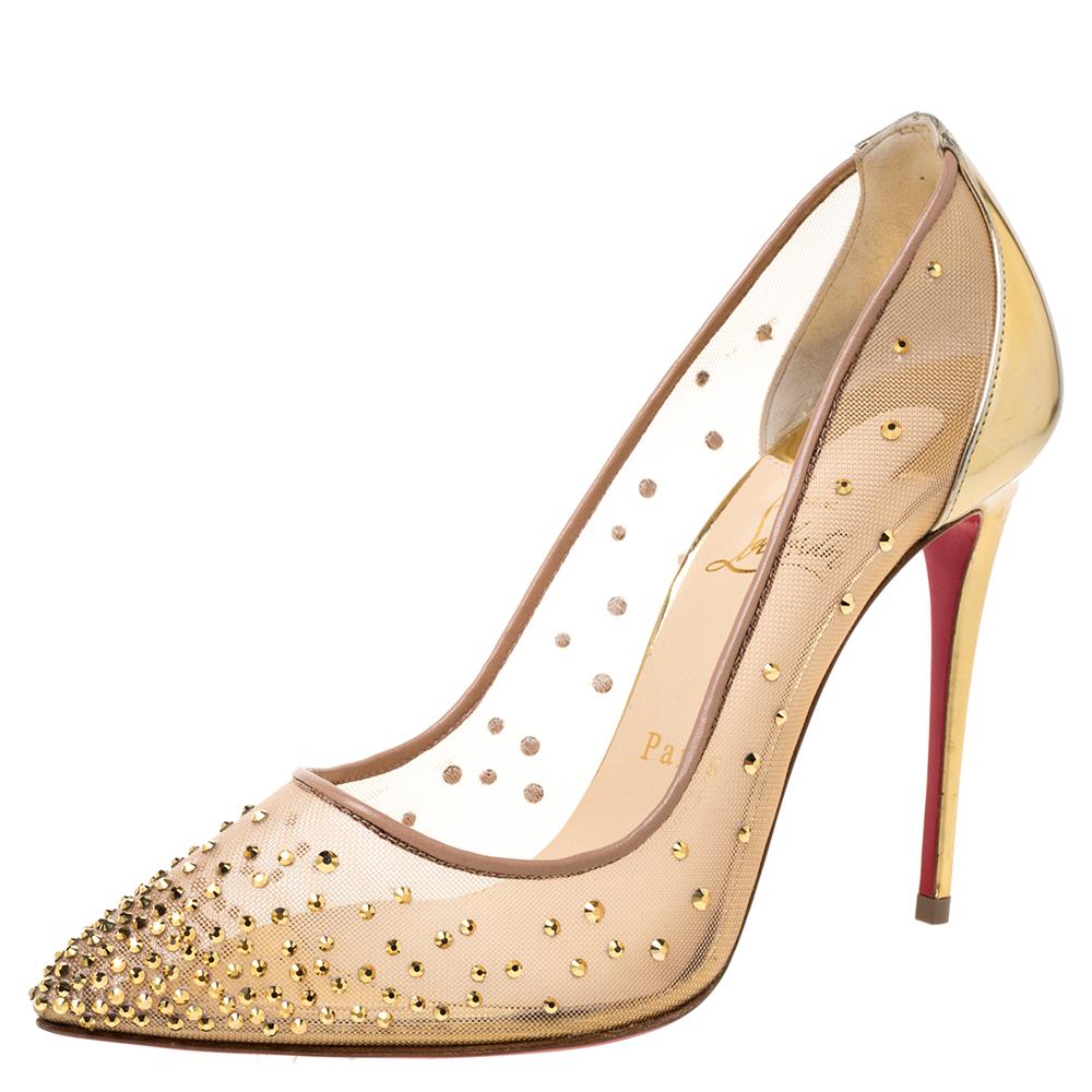 Dazzle the crowds and make a statement like never before in these gorgeous Follies Strass pumps from Christian Louboutin! The pumps have been crafted from mesh with leather trims into a pointed toe-style. They are exquisitely embellished with