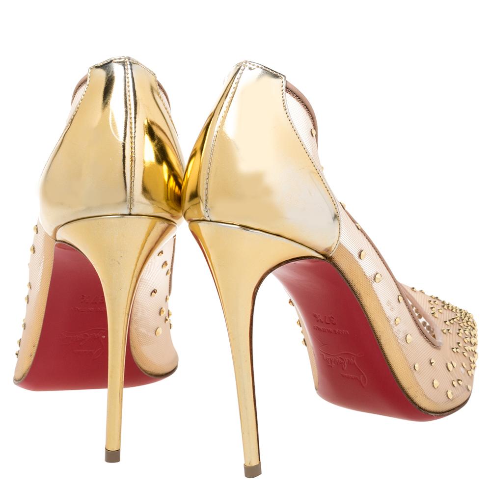 Christian Louboutin Gold Mesh And Leather Strass Pointed Toe Pumps  In Good Condition In Dubai, Al Qouz 2