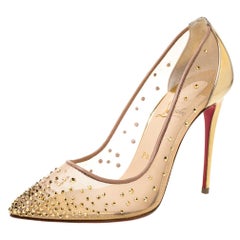 Christian Louboutin Gold Mesh Trim Follies Strass Pointed Toe Pumps Taille 37.5
