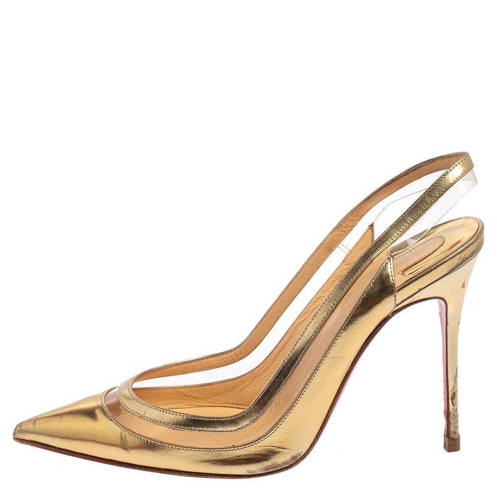 Slip into these Christian Louboutin sandals and add grace to your strides. Crafted from metallic gold leather, these slingbacks are accented with PVC trims. With pointed toes and 10.5 cm heels, these sandals will give a feel of luxury to your