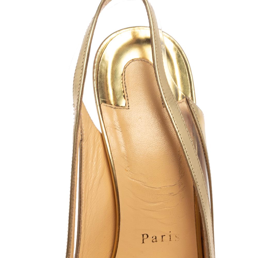 Christian Louboutin  Gold Patent Leather and PVC Slingback Pumps Size 37.5 In Excellent Condition In Dubai, Al Qouz 2