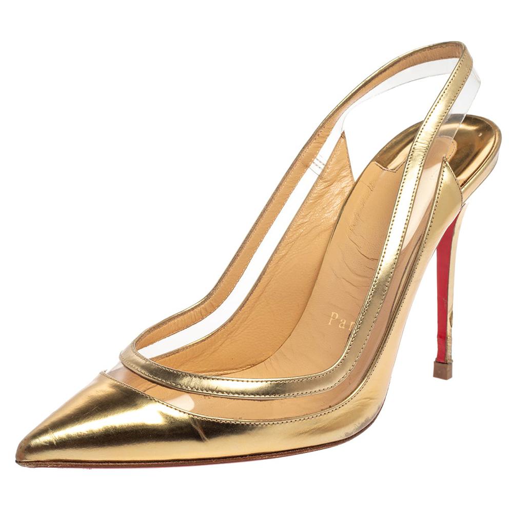 Christian Louboutin Gold Patent Leather and PVC Slingback Pumps Size 37.5  at 1stDibs