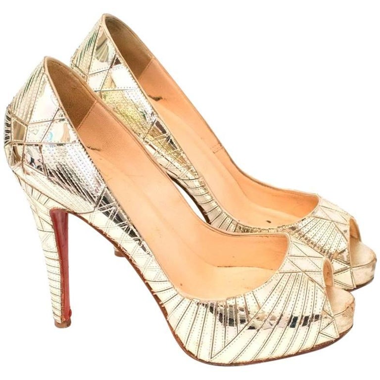 Christian Louboutin Gold Patent Leather Peep Toe Heels 37 For Sale at 1stdibs
