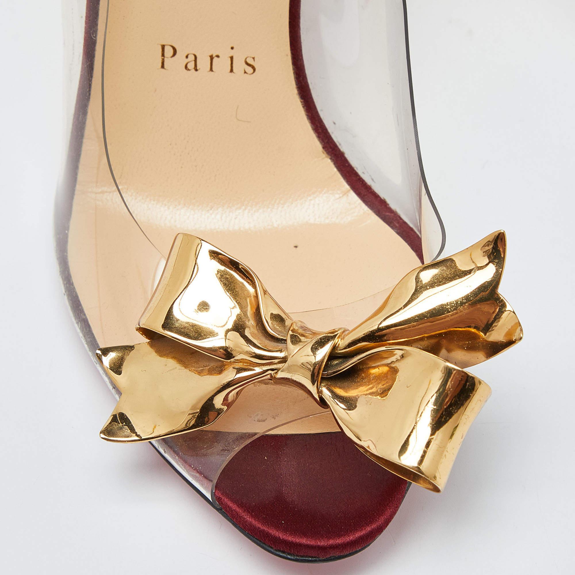 Women's Christian Louboutin Gold Python and PVC Justinodo Peep Toe Pumps  For Sale