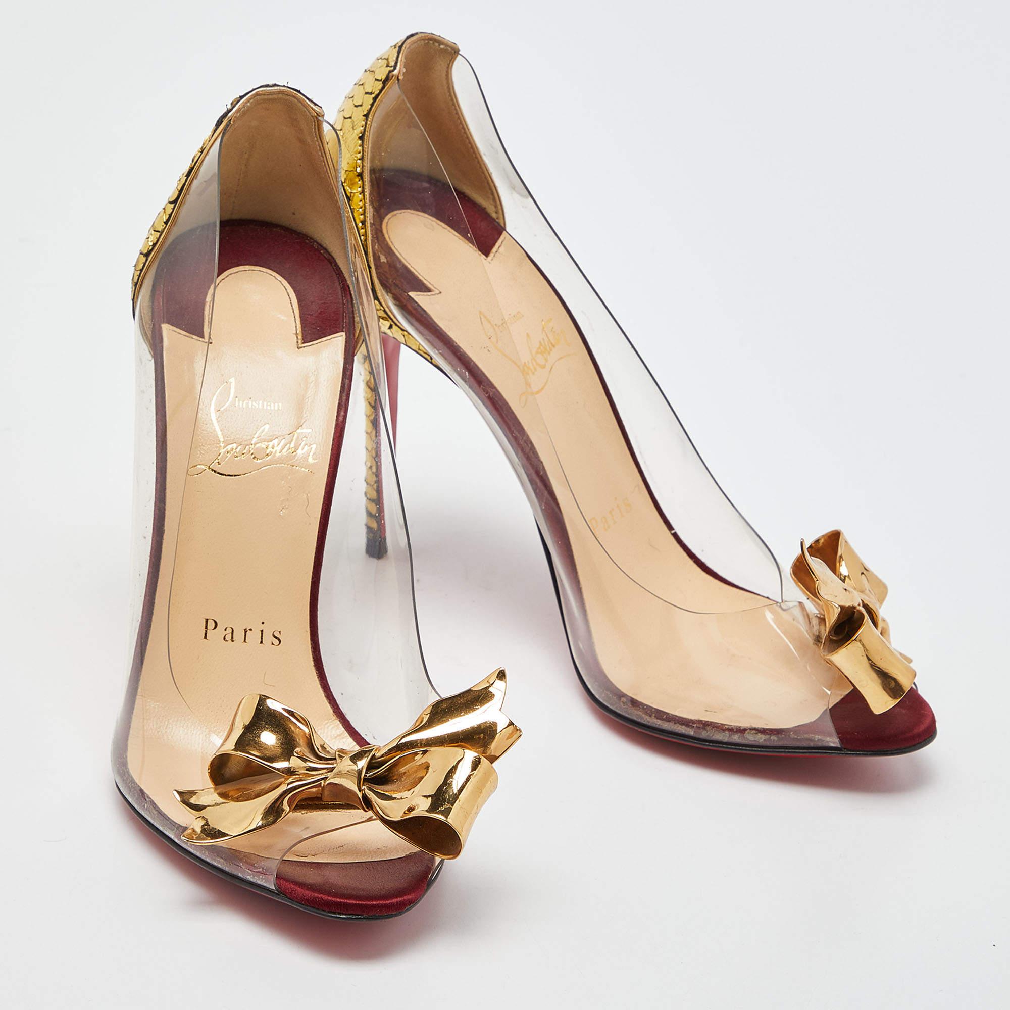 Christian Louboutin Gold Python and PVC Justinodo Peep Toe Pumps  For Sale 1