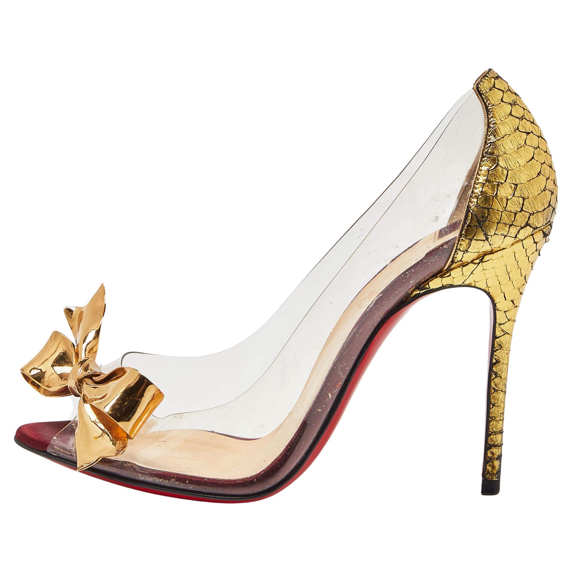 Christian Louboutin Gold Python and PVC Justinodo Peep Toe Pumps  For Sale