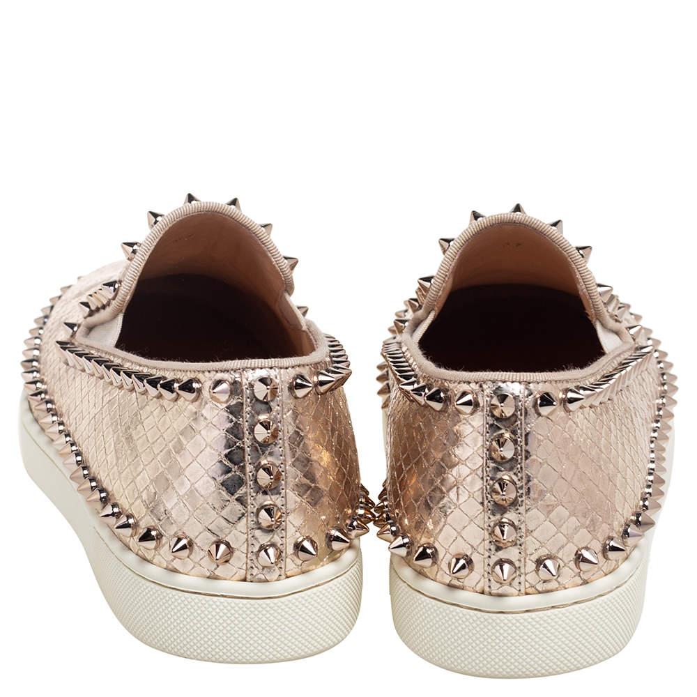 Christian Louboutin Gold Python Embossd Leather Spike Slip On Sneakers Size 37 For Sale 1