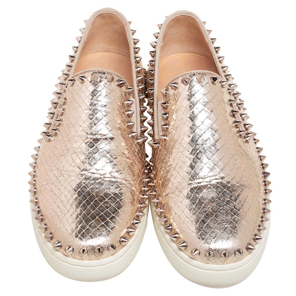 Christian Louboutin Gold Python Embossd Leather Spike Slip On Sneakers Size 37 For Sale 2