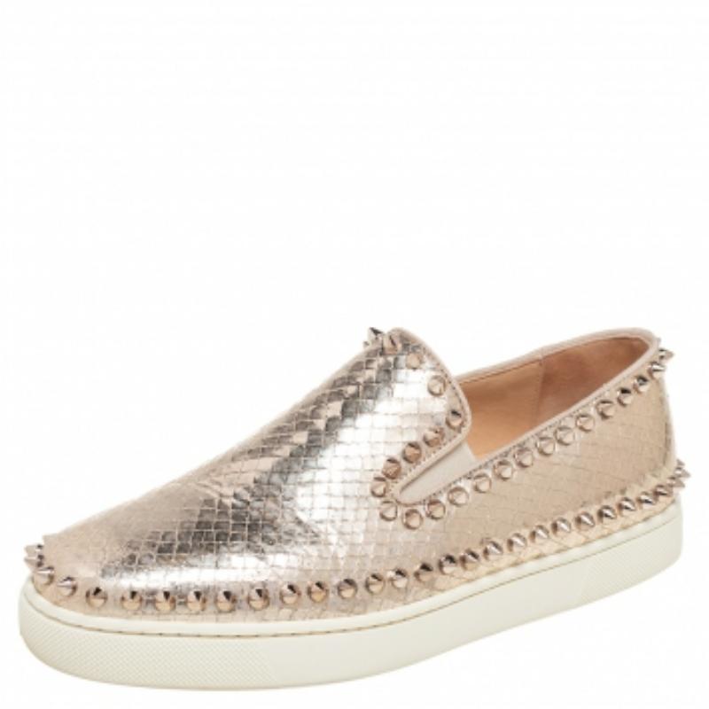 Christian Louboutin Gold Python Embossd  Leather Spike Slip On Sneakers Size 37 im Angebot 4