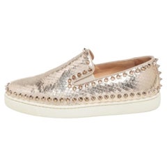 Used Christian Louboutin Gold Python Embossd  Leather Spike Slip On Sneakers Size 37